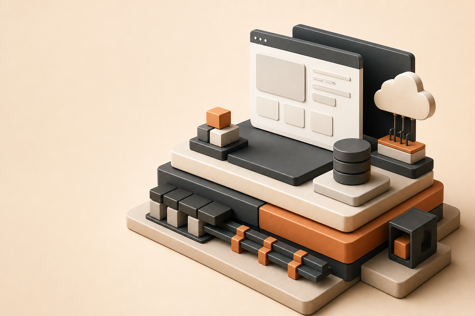 A unique 3D services hero showing reusable startup software infrastructure.
